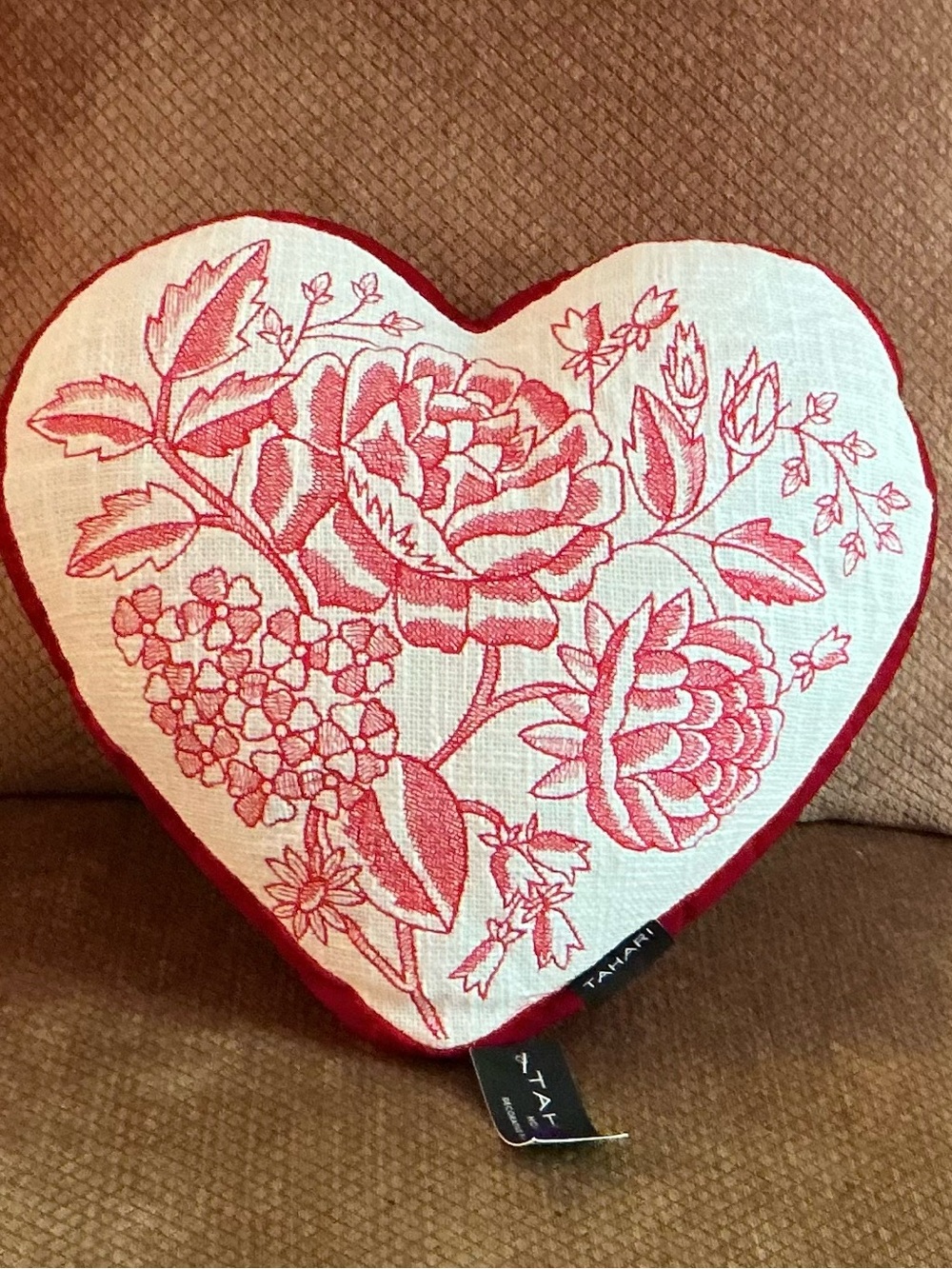 Tahari Embroidered Red and Cream Floral Heart Pillow